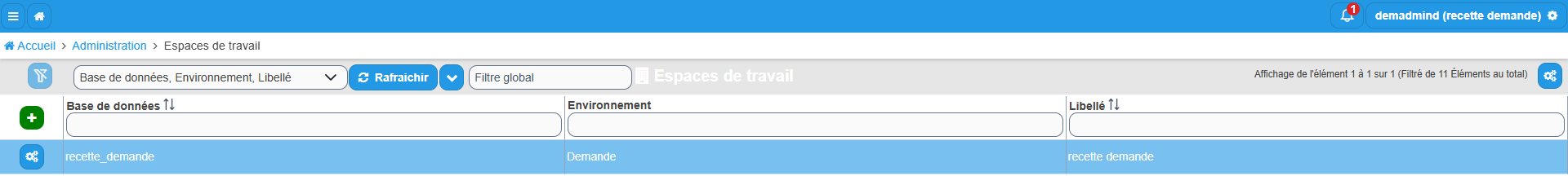 Liste des espaces de travail avec les colonnes Base de données, Environnement et Libellé, limitée à l'espace de travail courant