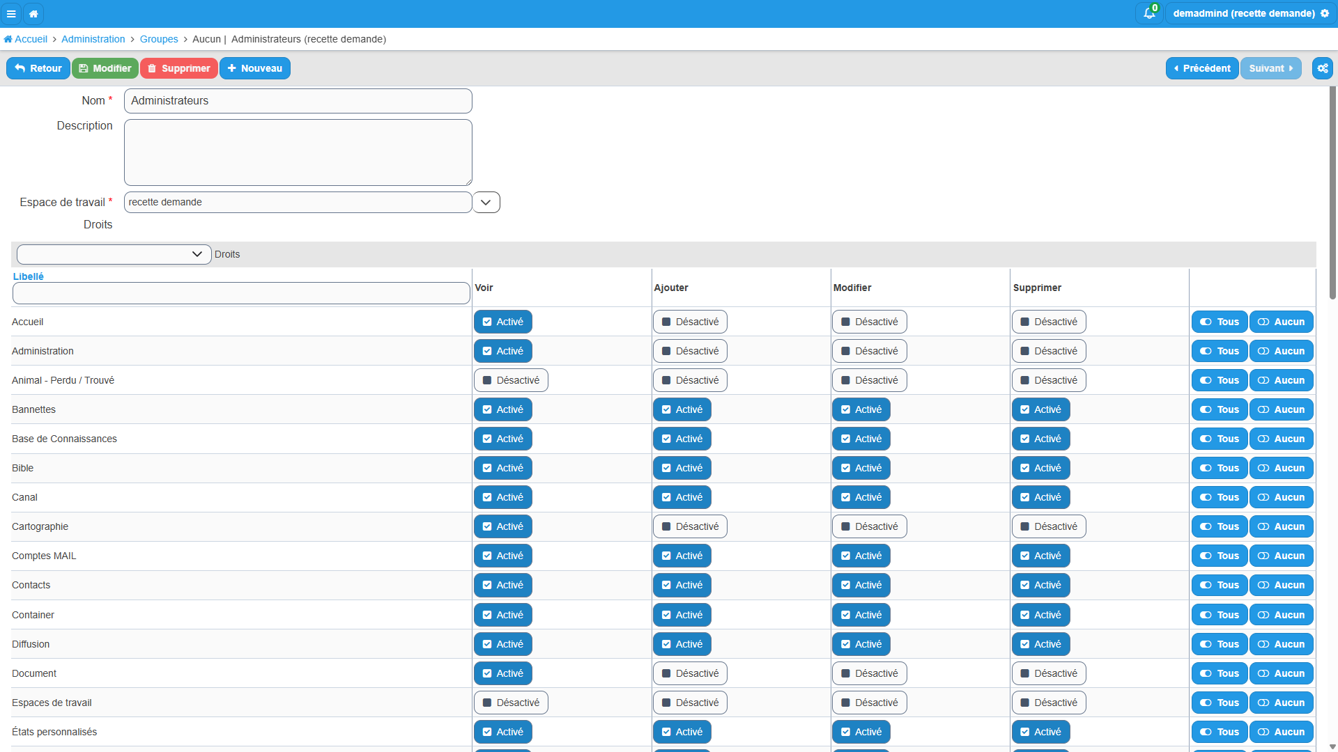 Formulaire de gestion d'un groupe avec les champs Nom, Description, Espace de travail et le tableau des droits