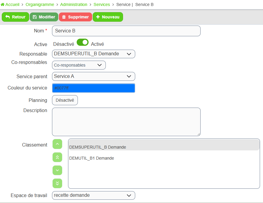 Formulaire d'un service avec les champs Nom, Responsable, Co-responsables et Service parent