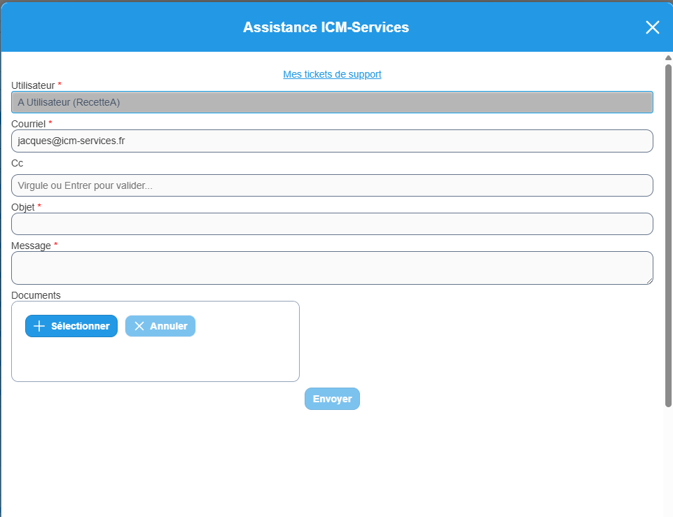 Formulaire de création de ticket avec les champs Utilisateur, Courriel, CC, Objet, Message et Documents
