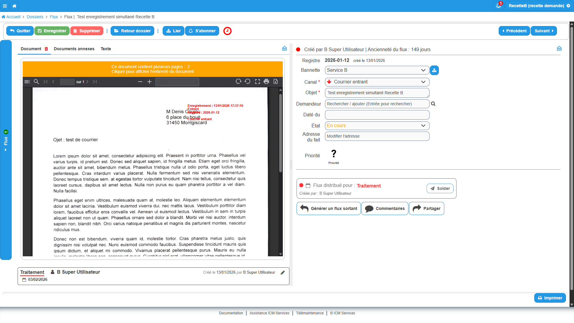 Page de détail d'un flux avec le document et les tâches à gauche, les informations de qualification à droite