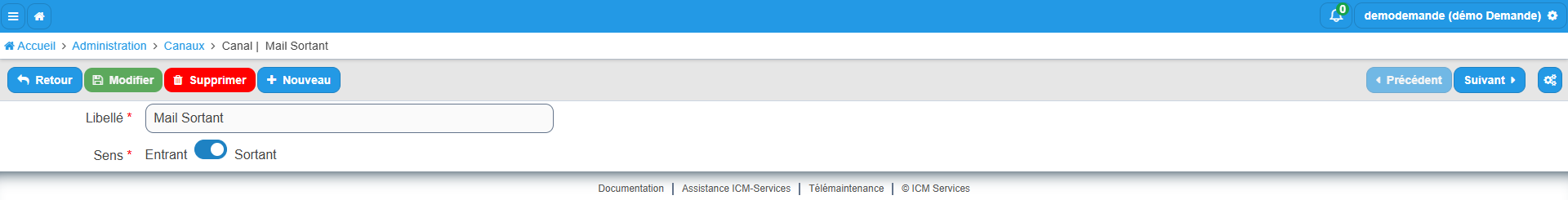 Fiche du canal Mail Sortant avec les champs Libellé et Sens, et les boutons Retour, Modifier, Supprimer et Nouveau