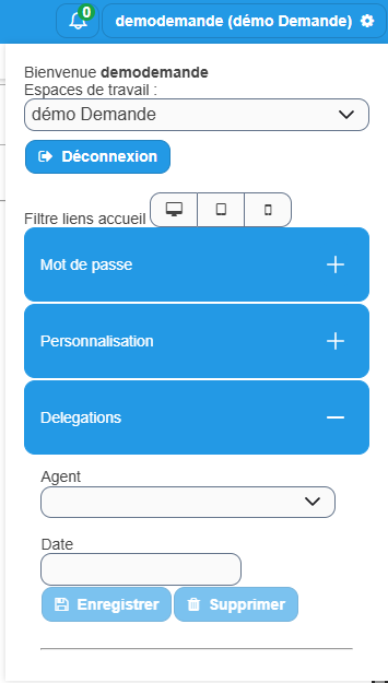 Menu de l'identifiant avec le volet Delegations déplié, les champs Agent et Date, et les boutons Enregistrer et Supprimer grisés