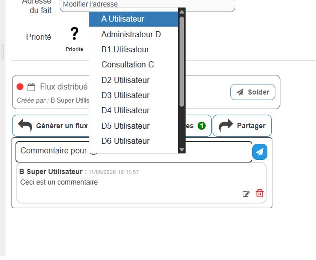 Zone de commentaire avec la liste d'autocomplétion @ et un commentaire horodaté existant
