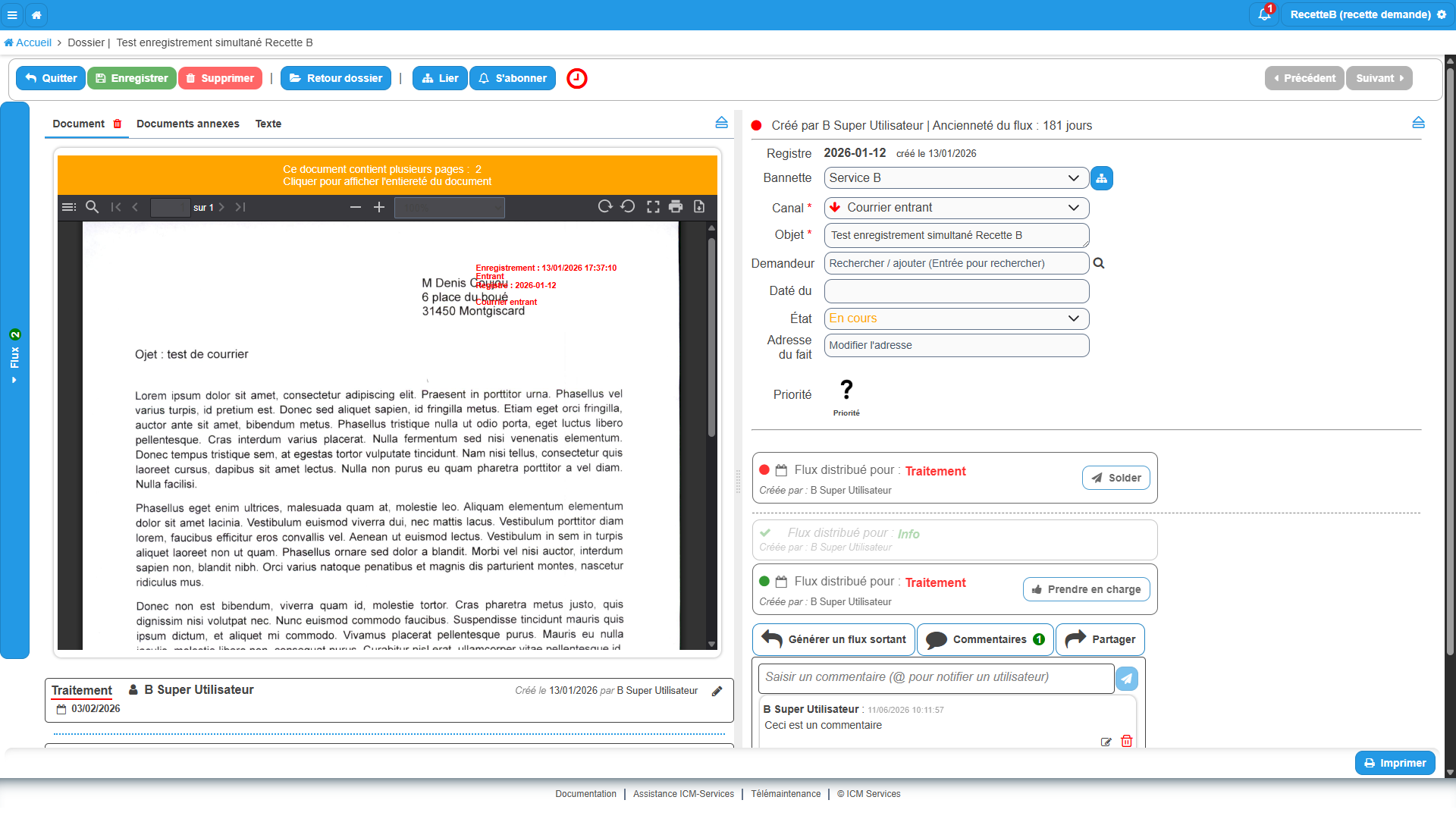 Écran d'un flux lié avec le bouton Retour dossier et l'onglet Flux replié sur le bord gauche