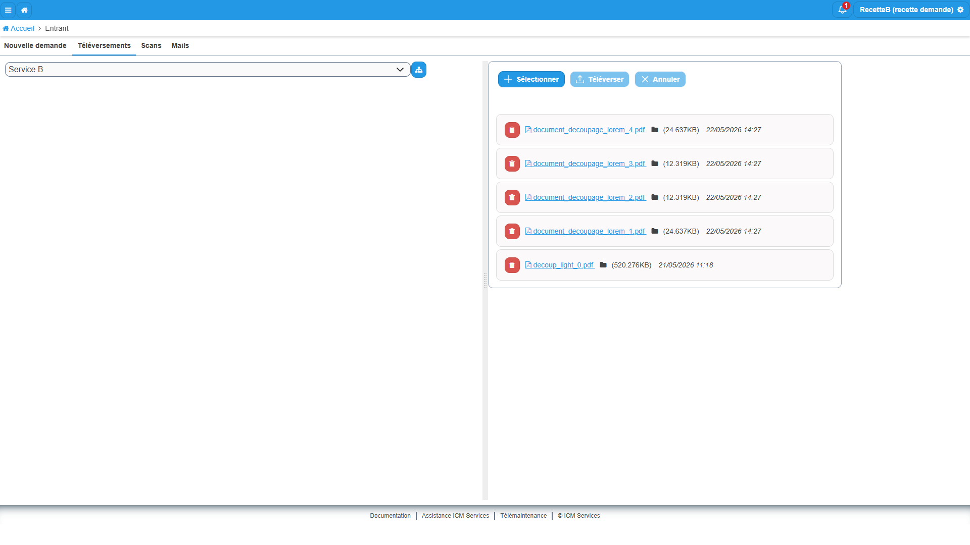 Interface de téléversement avec les boutons Sélectionner, Téléverser et Annuler