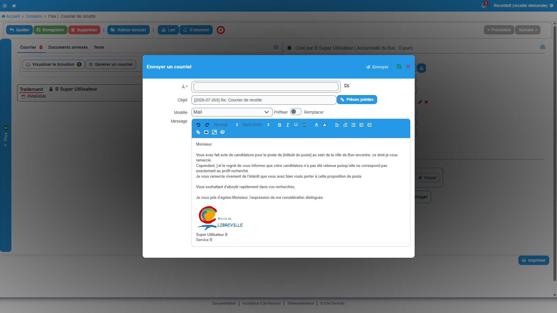 Fenêtre Envoyer un courriel avec les champs À, Objet, Modèle et Message