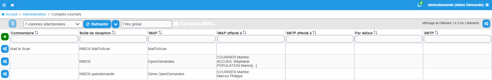 Liste des comptes mail avec le bouton + vert et le compte Mail to Scan en première ligne