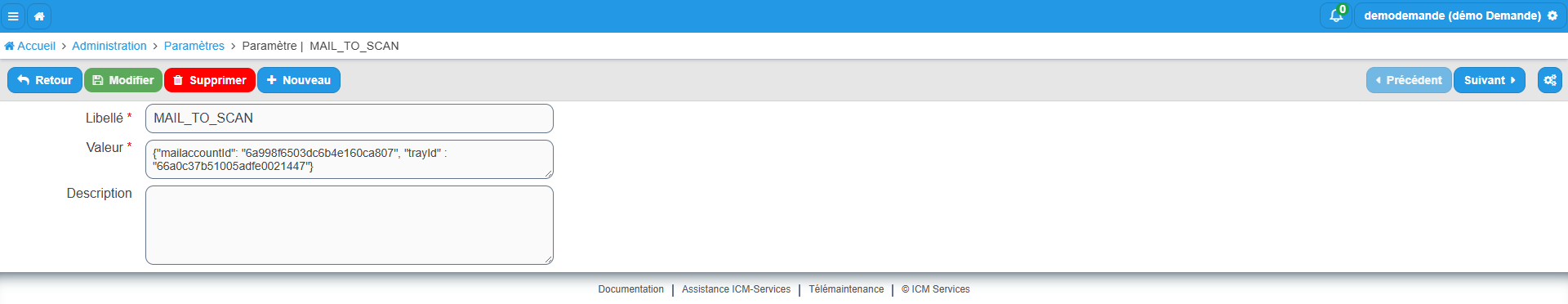Fiche du paramètre MAIL_TO_SCAN avec les champs Libellé, Valeur contenant mailaccountId et trayId, et Description