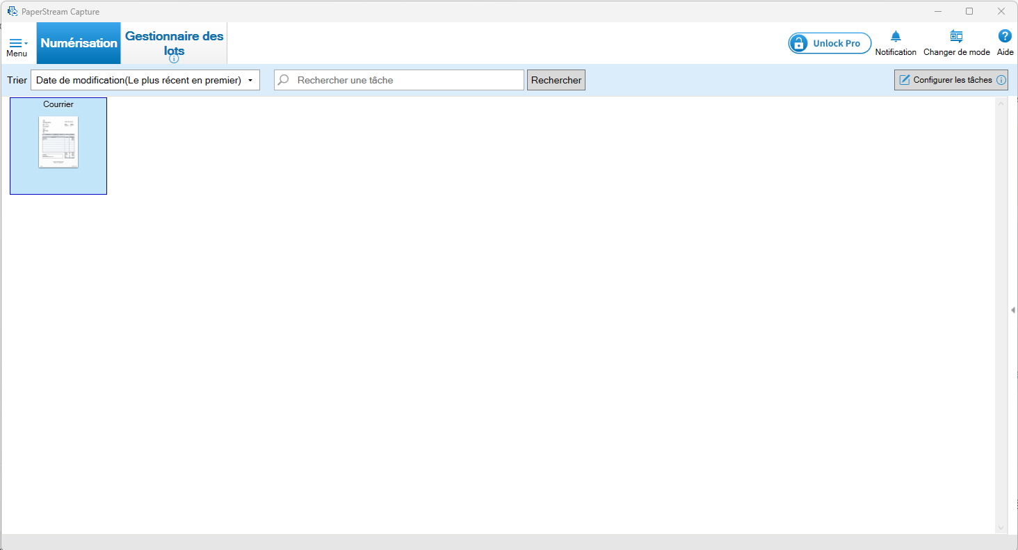 Écran d'accueil de PaperStream Capture avec la tâche Courrier