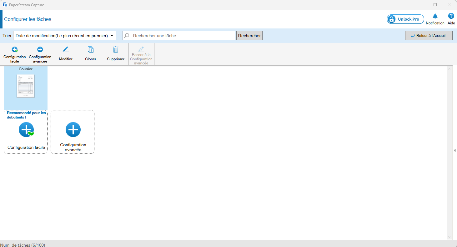 Écran Configurer les tâches avec les boutons Configuration avancée et Modifier