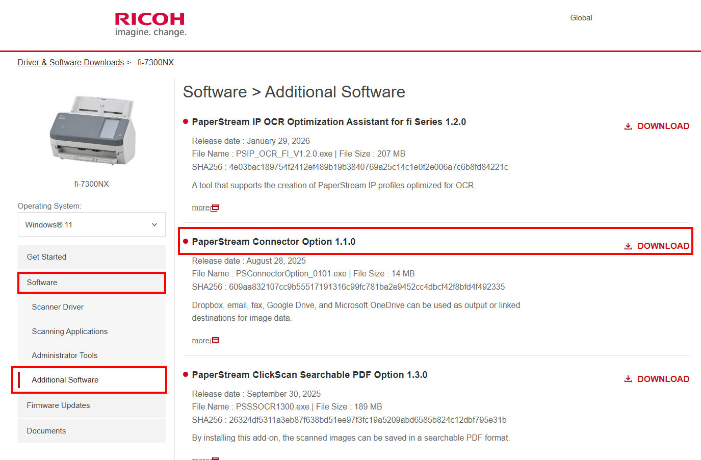 Rubrique Software > Additional Software de la page Ricoh du fi-7300NX avec le bouton DOWNLOAD de PaperStream Connector Option