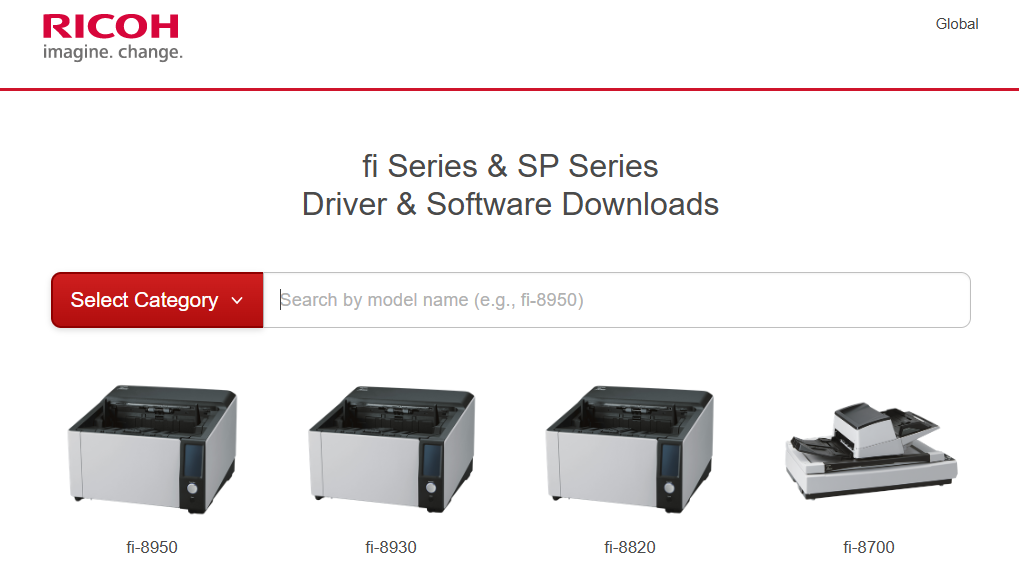 Page d'accueil des téléchargements Ricoh avec le champ Search by model name et la grille des scanners