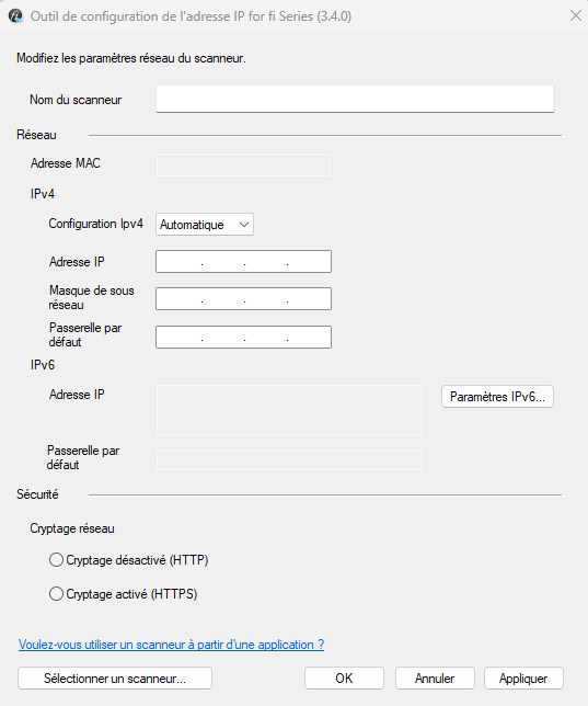 Outil de configuration de l'adresse IP for fi Series avec les champs Configuration Ipv4, Adresse IP, Masque de sous réseau et Passerelle par défaut