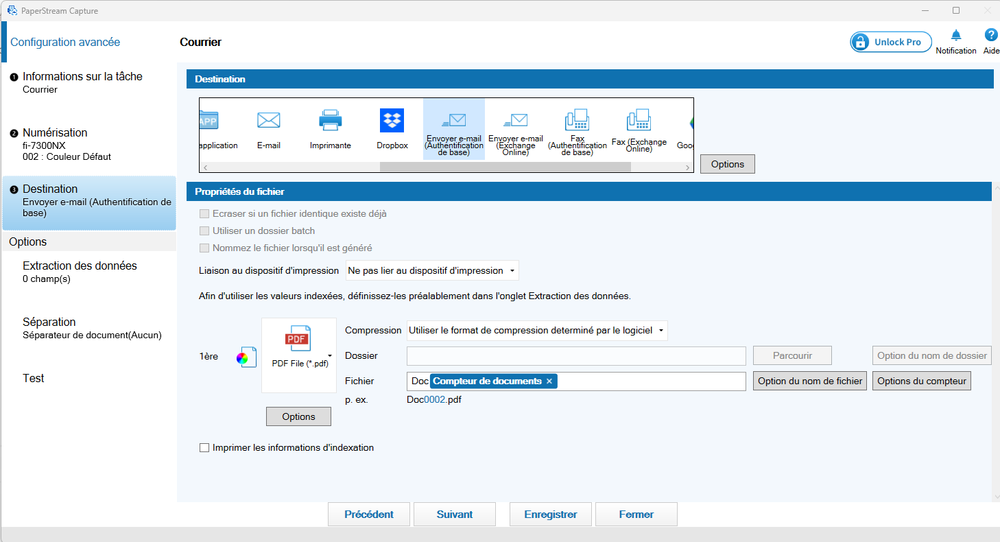 Destination Envoyer e-mail (Authentification de base) sélectionnée