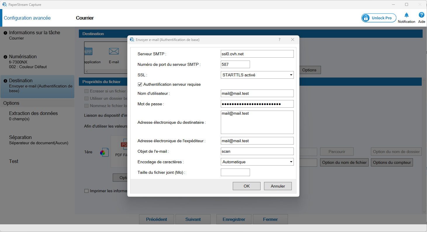 Fenêtre Envoyer e-mail (Authentification de base) avec le serveur SMTP, le port et l'objet scan
