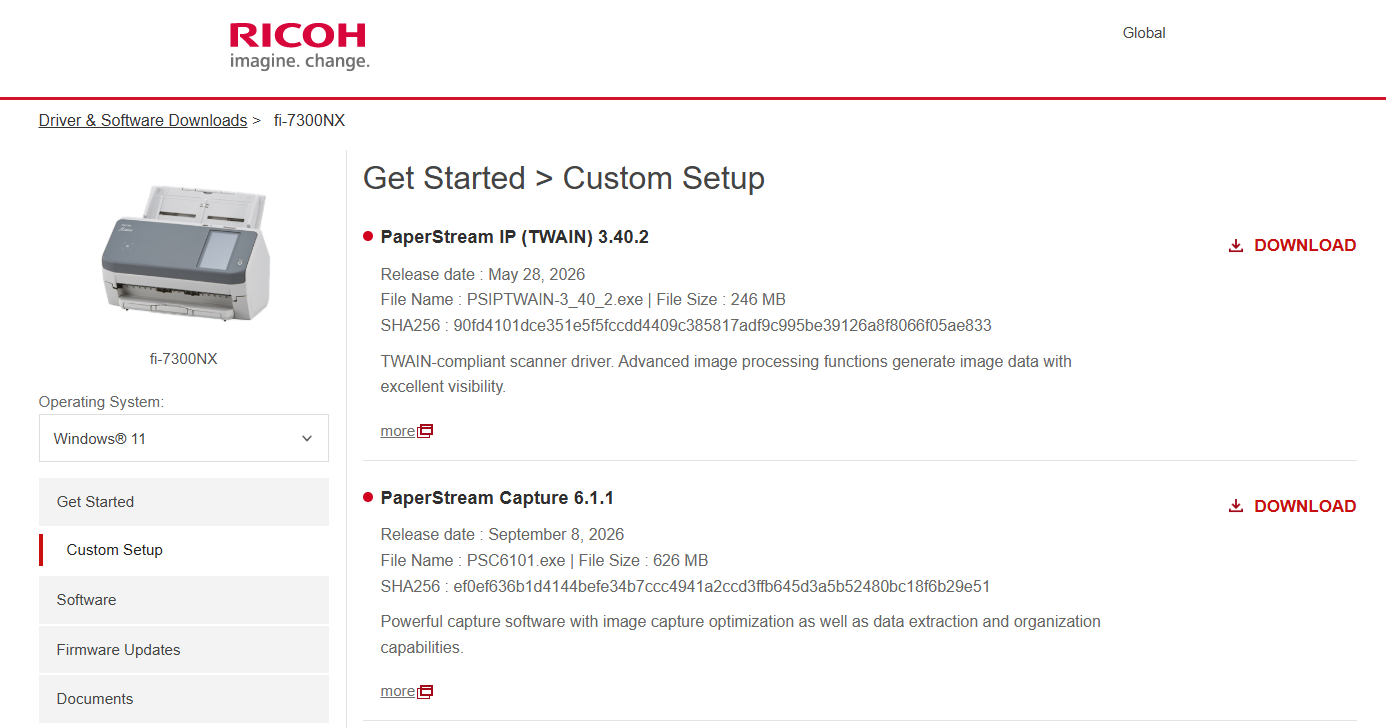Page de téléchargement Ricoh du fi-7300NX avec la liste Operating System et les boutons DOWNLOAD de PaperStream IP (TWAIN) et PaperStream Capture