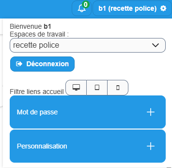 Menu déroulant de sélection de l'espace de travail dans la barre supérieure de l'application
