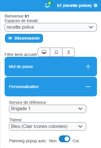 Panneau Personnalisation avec le champ Service de référence
