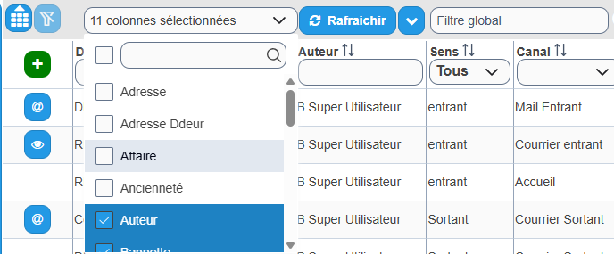 Options d'affichage des colonnes