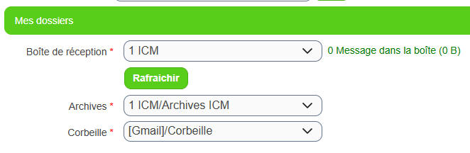 Section Mes dossiers du compte courriel, avec les champs Boîte de réception, Archives et Corbeille