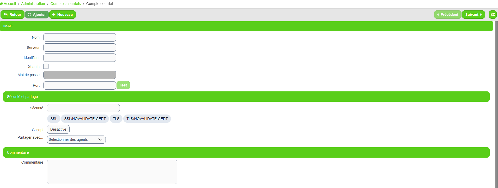 Formulaire de création d'un compte courriel avec les champs Nom, Serveur, Identifiant, Xoauth, Mot de passe, Port, Sécurité et les boutons de raccourci SSL et TLS