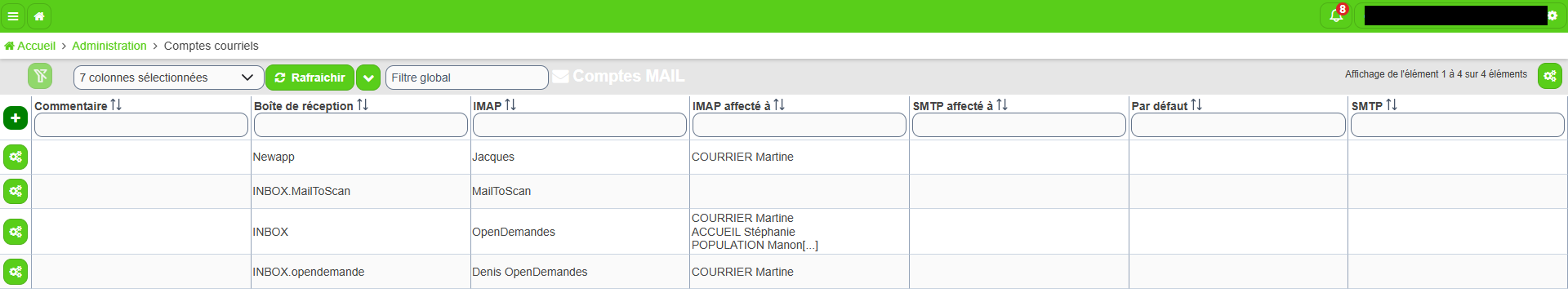 Liste des comptes courriels avec les colonnes Commentaire, Boîte de réception, IMAP, IMAP affecté à, SMTP affecté à, Par défaut et SMTP, et le bouton d'ajout