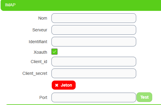 Formulaire de compte courriel dans l'administration des comptes mails Newapp, section IMAP avec Xoauth coché, les champs Client_id et Client_secret et le bouton Jeton