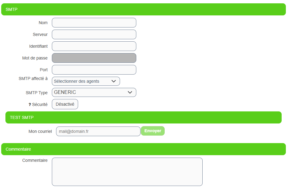 Section SMTP du formulaire de compte courriel avec les champs Nom, Serveur, Identifiant, Mot de passe, Port, SMTP affecté à, SMTP Type et Sécurité, puis la section Test SMTP