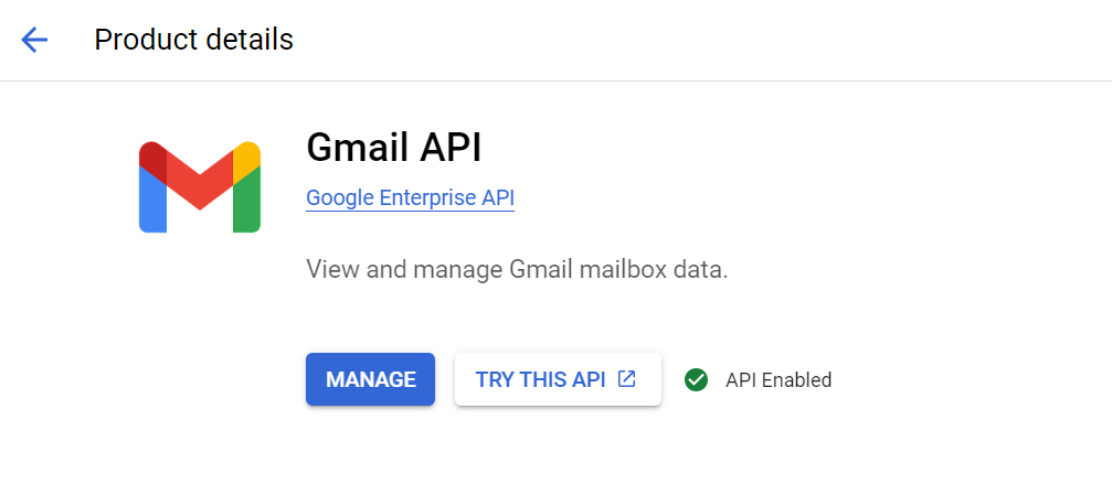 Fiche produit Gmail API avec l'état API activée