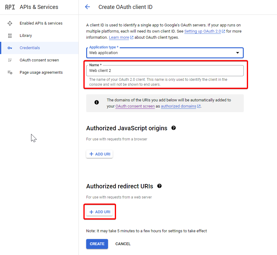 Formulaire Créer un ID client OAuth avec le champ Nom et le bouton Ajouter un URI des URI de redirection autorisées mis en évidence