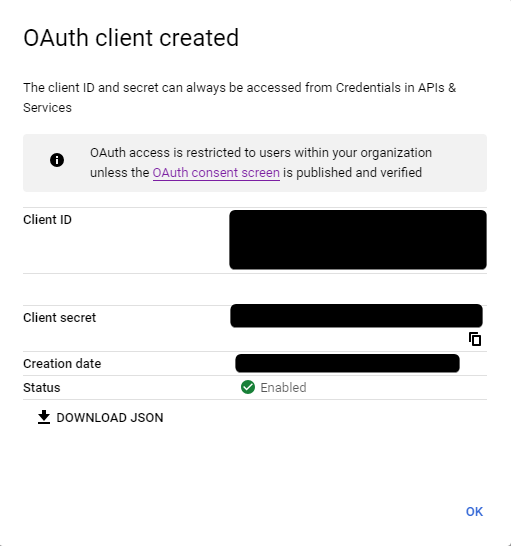 Fenêtre Client OAuth créé avec l'ID client, le secret client et la date de création, valeurs caviardées
