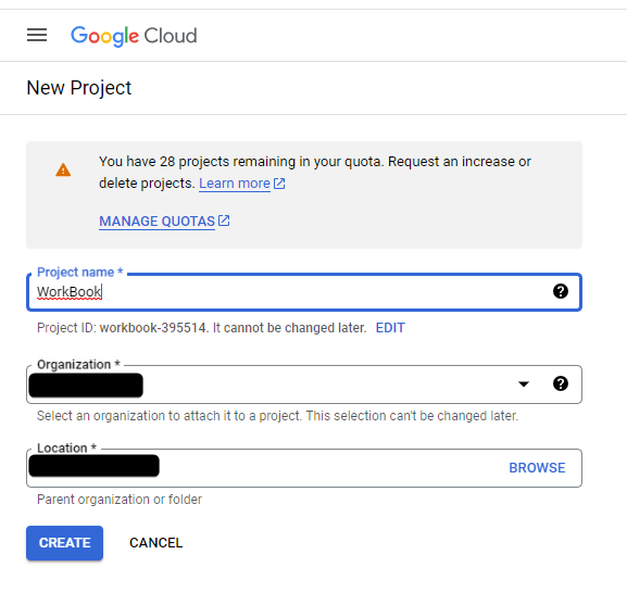 Formulaire Nouveau projet de Google Cloud avec le nom du projet, l'organisation et l'emplacement, et le bouton Créer