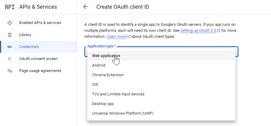 Liste déroulante Type d'application avec l'option Application Web sélectionnée