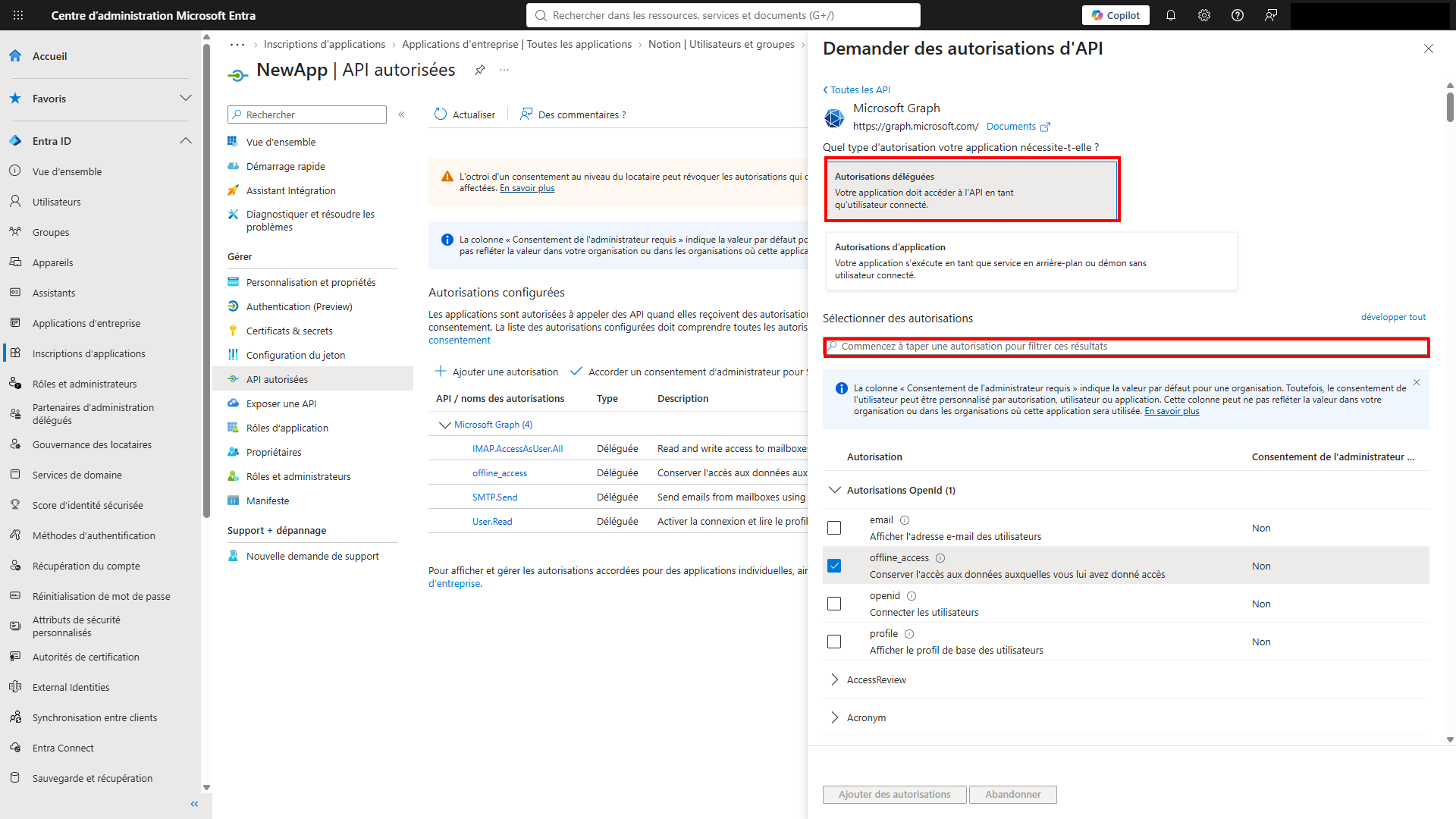 Panneau Autorisations déléguées de Microsoft Graph, avec le type d'autorisation et le champ de recherche mis en évidence, et l'autorisation offline_access cochée
