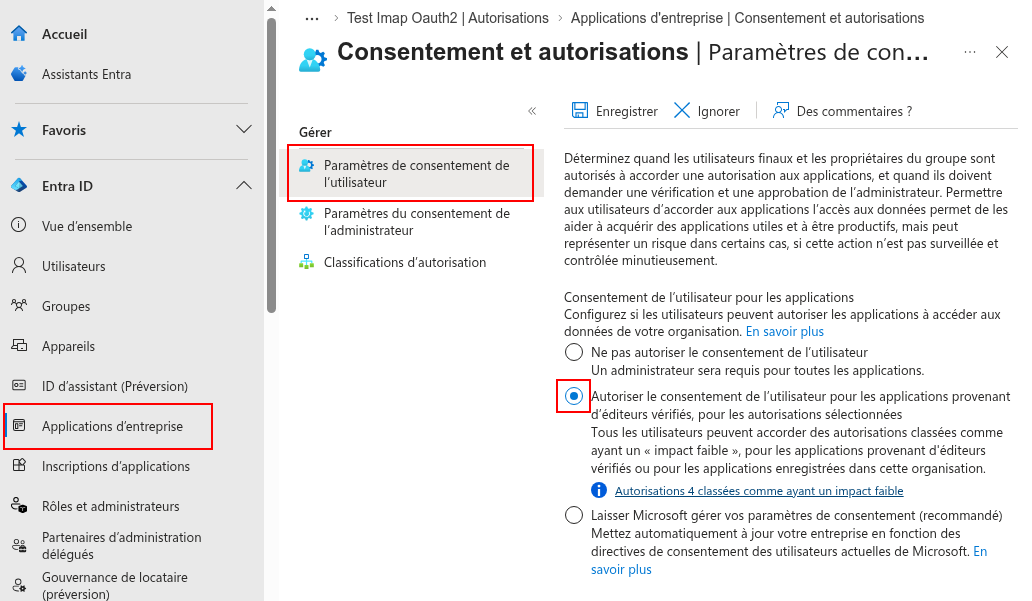 Activation du consentement de niveau Faible pour l'application d'entreprise
