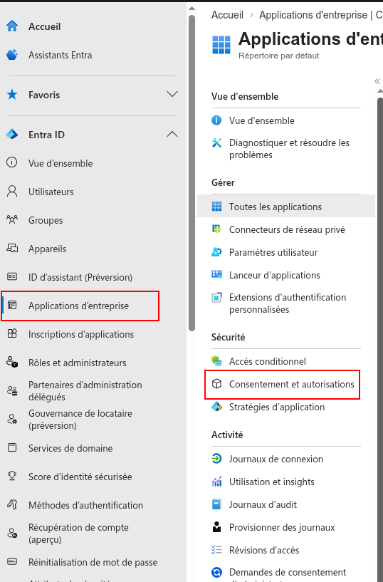 Menu Applications d'entreprise avec l'entrée Consentement et autorisations mise en évidence