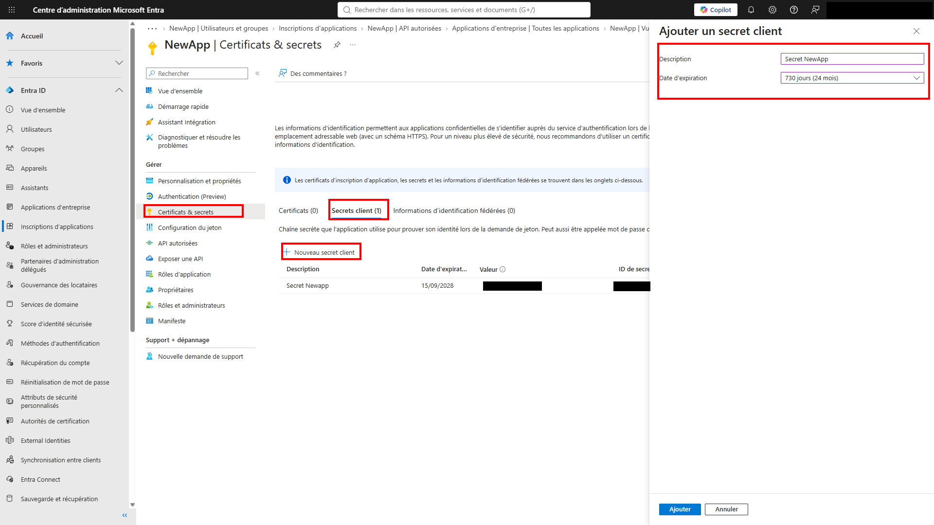 Panneau Certificats et secrets avec l'onglet Secrets client, le bouton Nouveau secret client et le formulaire Description/Date d'expiration mis en évidence, valeur et ID du secret caviardés