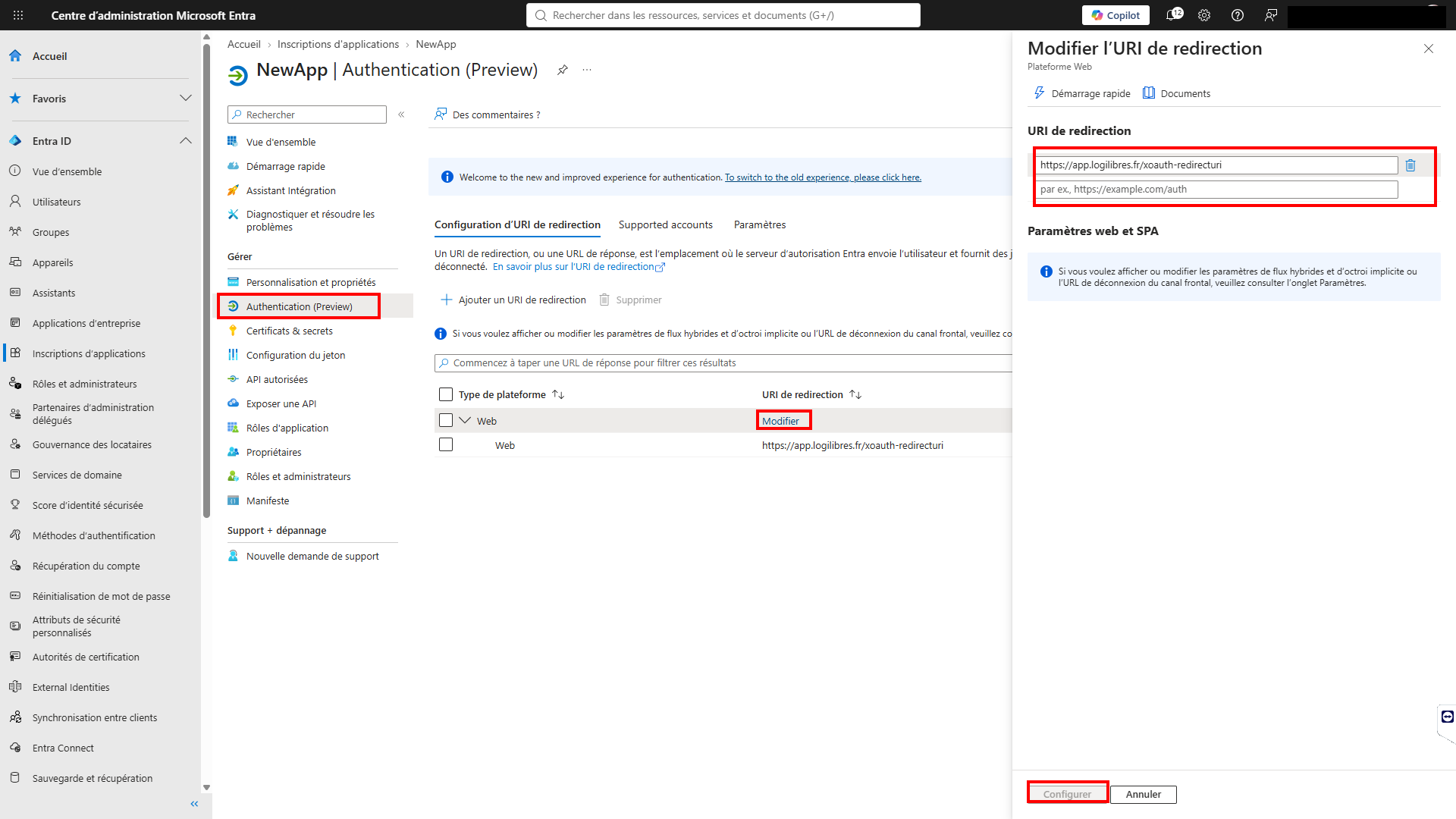 Panneau Modifier l'URI de redirection dans Authentication (Preview), avec le menu, le lien Modifier et le bouton Configurer mis en évidence