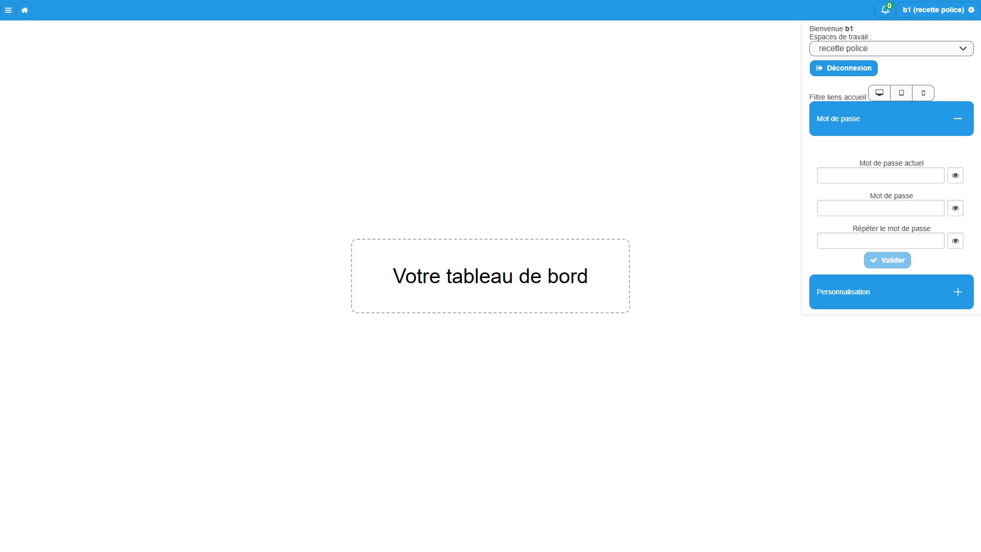 Formulaire de changement de mot de passe avec les champs mot de passe actuel, nouveau mot de passe, confirmation et le bouton Valider