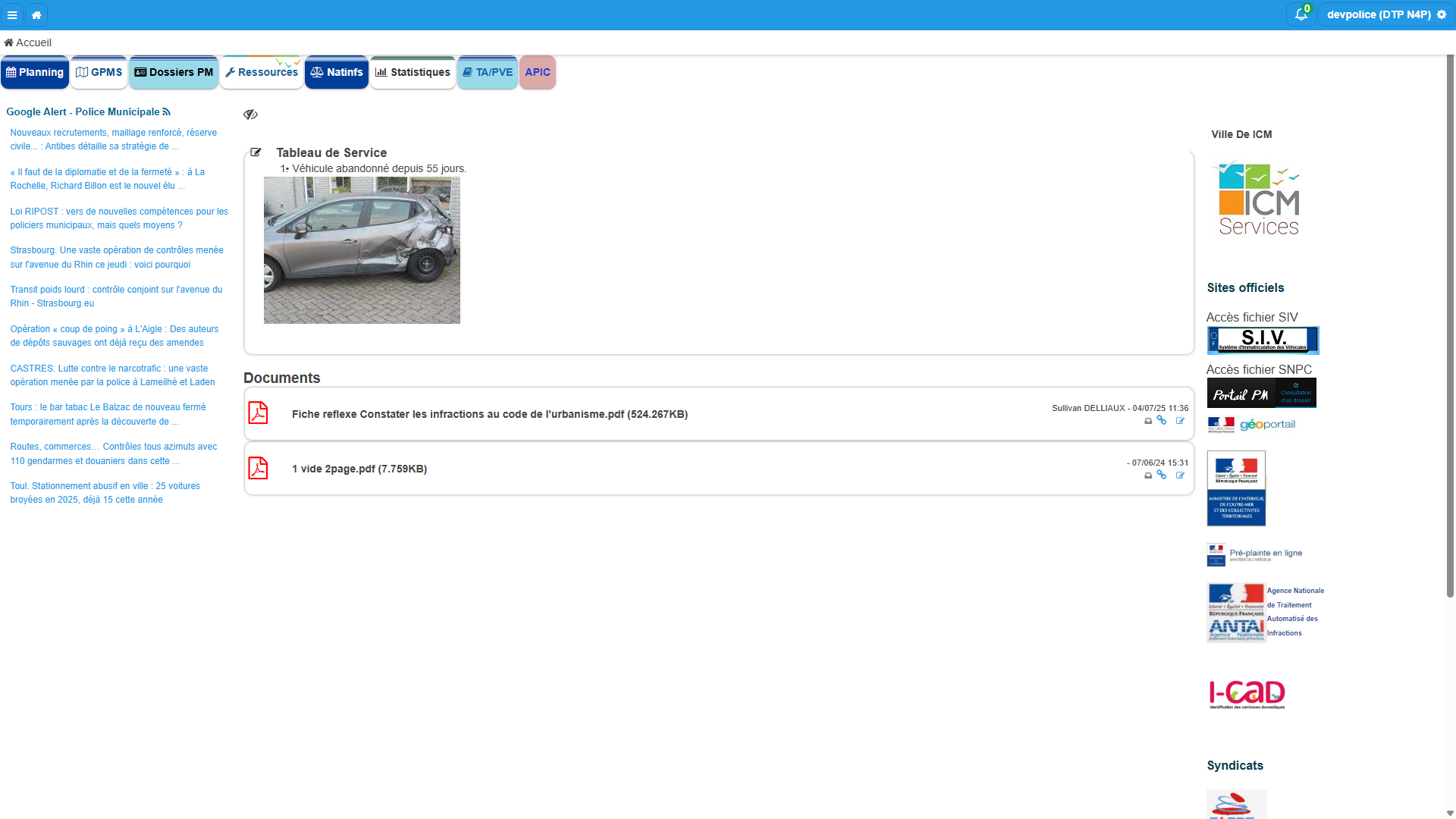 Vue générale de l'extranet collaboratif Police Municipale