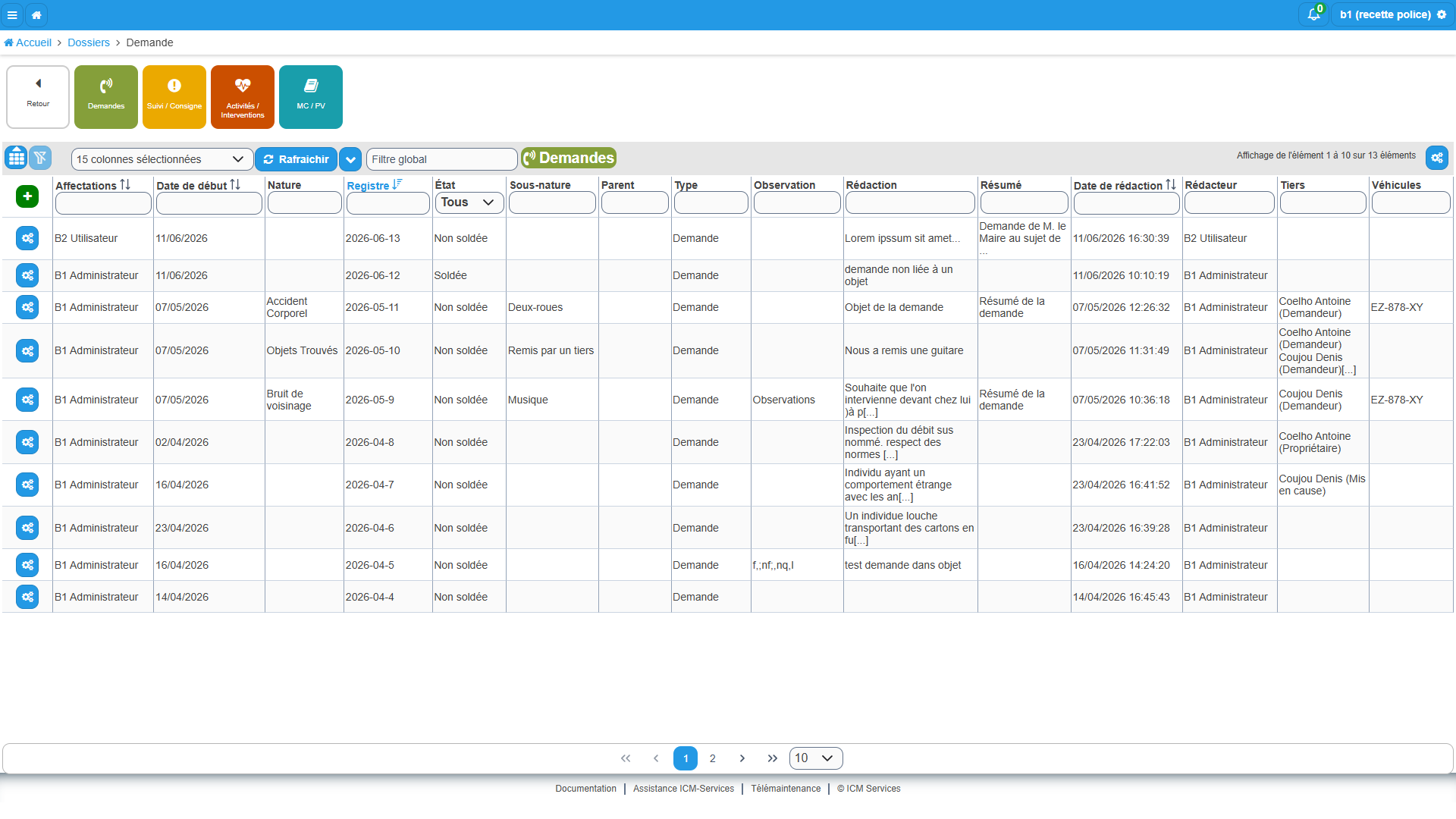 Tableau des demandes avec les boutons de navigation EPM