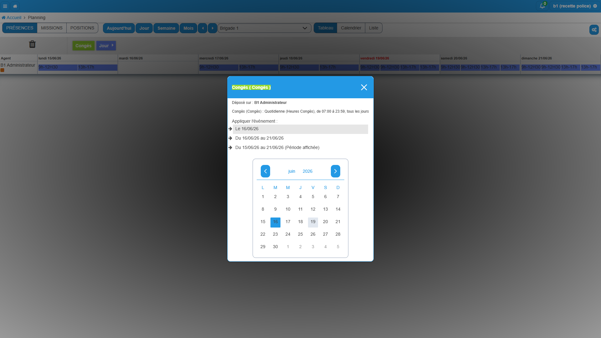 Pop-up de paramétrage après glisser-déposer d'une OOT