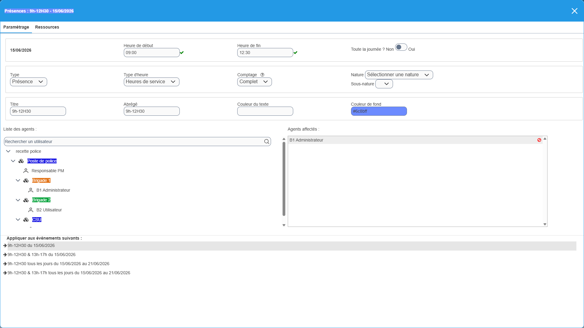 Pop-up de modification d'un événement du planning