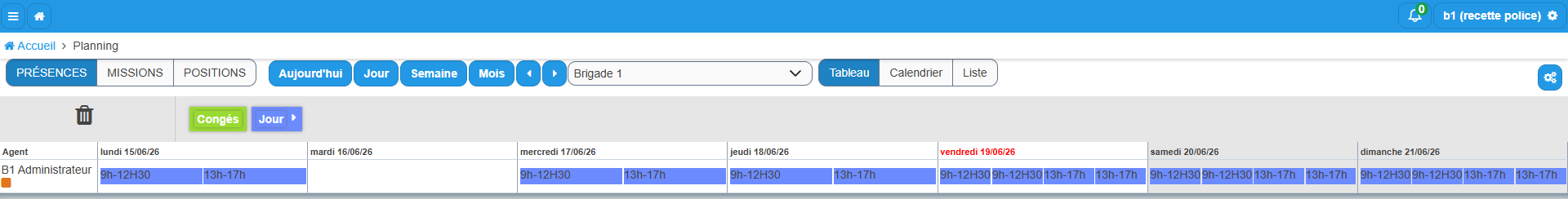 Les deux onglets Missions et Présences du planning avec le panneau latéral des OOT